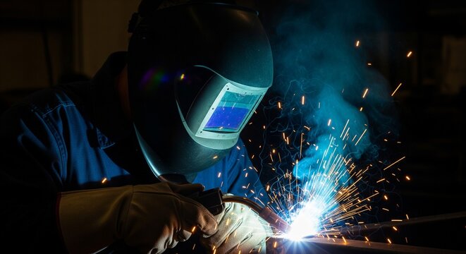 Welder working with a welding machine wearing protective gear sparks flying in a dark industrial setting