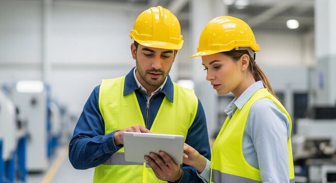 Two industrial workers in safety gear review data on a tablet discussing factory operations ensuring quality control and efficiency