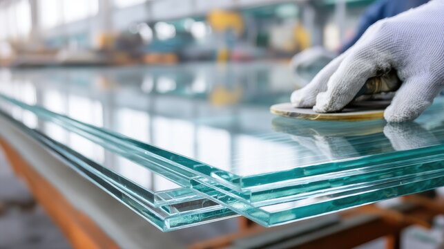 Worker performing sanding work on glass table in industrial factory with creative energy and high attention to detail