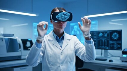 A scientist in a lab coat and VR headset uses virtual reality to interact with a 3D model. - Powered by Adobe