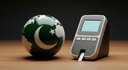 Pakistan global health initiative diabetes awareness and management device on wooden table represents international medical progress