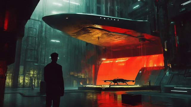 Man observing a large futuristic spaceship in hangar