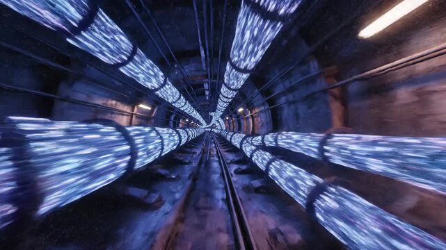 Glowing Fiber Optic Cables Displaying Data Transmission in Tunnel