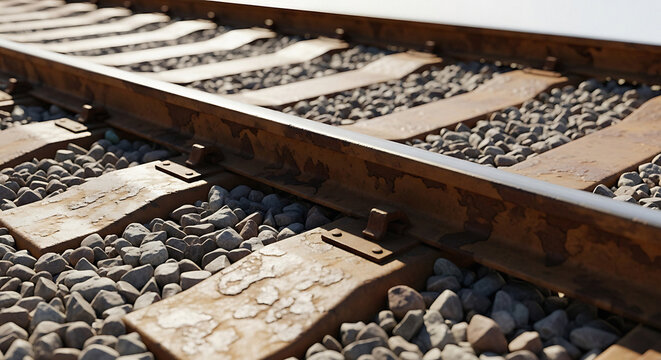 Close up on weathered railway tracks with gravel ballast, conveying a sense of journey and industrial heritage - Powered by Adobe
