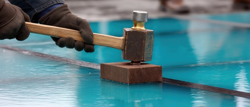 Close-up of gloved hands using a sledgehammer to break glass during panoramic glazing installation at a factory