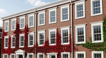 Charming brick townhouse facade adorned with vibrant red ivy and lush green vines offers timeless elegance and architectural appeal