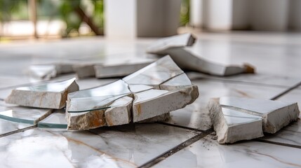 Broken glass fragments scattered on a white surface with cracked mirror pieces reflecting light and creating an abstract composition