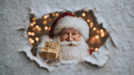 Santa Claus smiling and holding a wrapped gift peeking through a torn wall. Warm holiday lights create a cheerful atmosphere. Concept of Christmas celebration, holiday spirit, gift giving