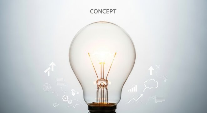 Bright glowing light bulb with floating business strategy icons, symbolizing new idea and concept generation. - Powered by Adobe