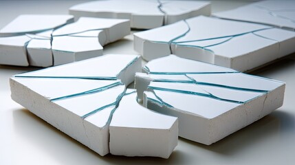 Scattered fragments of cracked mirror pieces and shattered glass on a solid white surface creating an abstract design of broken reflections