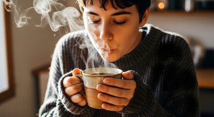 person blowing coffee