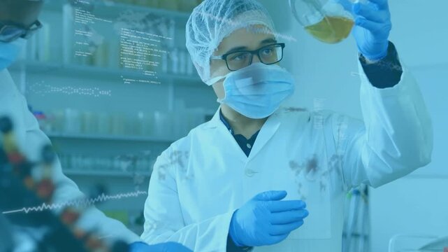 Colleague pointing, researcher examining flask and testing in lab while overlays annotating data