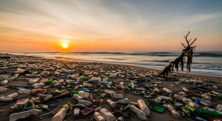 severe plastic pollution and marine litter accumulated on a beach at sunset