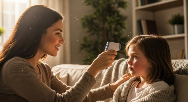Caring mother checks daughters temperature using a non-contact infrared thermometer while resting together on a comfortable sofa at home.