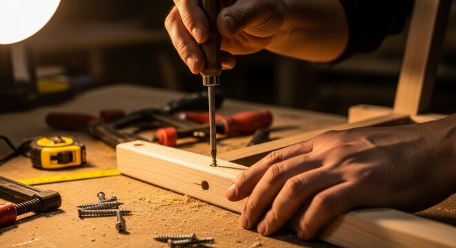 Carpenter using a manual screwdriver to fasten a screw into a wooden frame, focusing on detail and craftsmanship in the workshop.