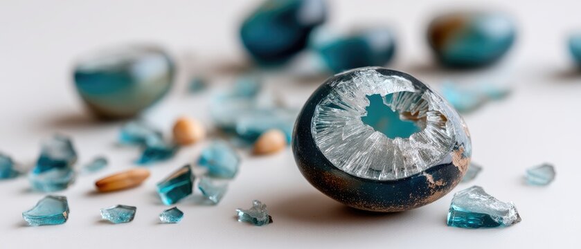 Shattered glass with a large hole on a white background showcasing intricate details and textures in high-resolution photography