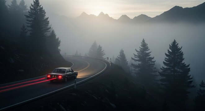 Classic sedan car driving on a winding mountain road through dense fog and pine forest, illuminated by headlights and taillight trails.