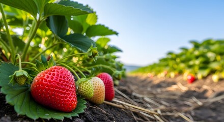 close-up of a ripe strawberry growing in a field