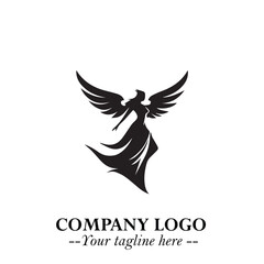 Elegant Black Angel Woman Silhouette Logo Symbol on White Background
