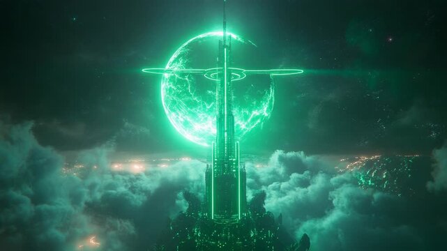 Futuristic city tower reaching glowing green alien planet