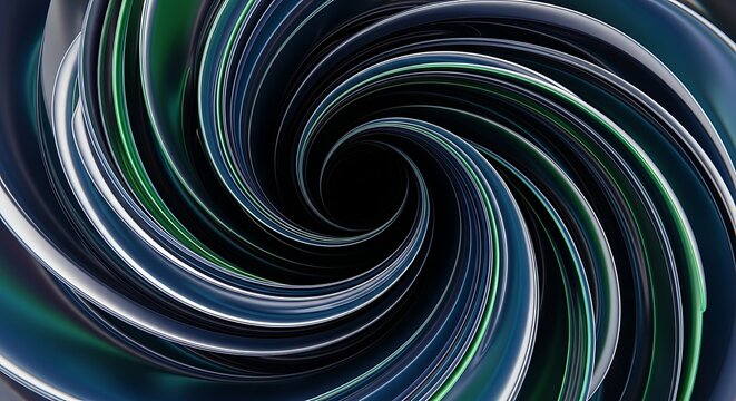 Dynamic Abstract Background Featuring a High-Tech Swirling Vortex Tunnel Rendered in Glossy Deep Blue and Reflective Chrome Surfaces with Bright Green Accents