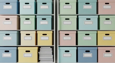 Colorful pastel archive storage boxes stacked neatly on white office shelves for documentation and business organization.