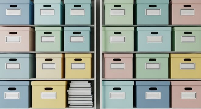 Colorful pastel archive storage boxes stacked neatly on white office shelves for documentation and business organization.