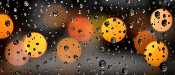 Close-up view of condensation on window glass revealing a blurred background of bright lights during a rainy evening