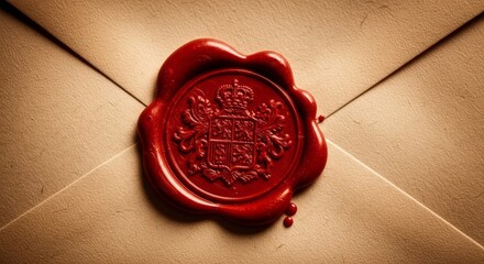 Deep red wax seal with a detailed royal coat of arms closing a textured brown envelope, representing secrecy and tradition