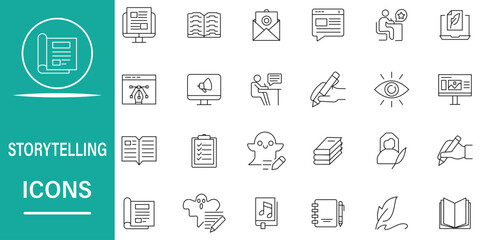 Storytelling icon set collection in outline style. Set of 24 icons related to video content, narrative, creativity, imagination, plot, script, dialogue, writing, blog and more. Simple line vector.