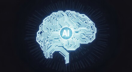 A glowing blue circuit board brain with the letters 'AI' in the center, set against a black background with a radial pattern.