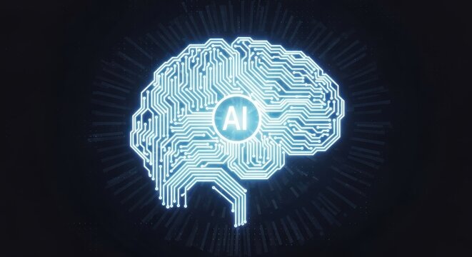 A glowing blue circuit board brain with the letters 'AI' in the center, set against a black background with a radial pattern.