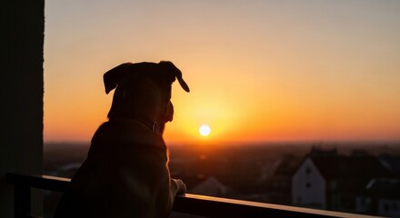 Dog silhouette watching the brilliant golden sunset over a blurred cityscape from a high-rise balcony.