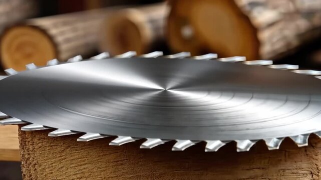 Close up of a circular saw blade on a wooden log, showcasing sharp teeth and polished metal at a woodworking shop
