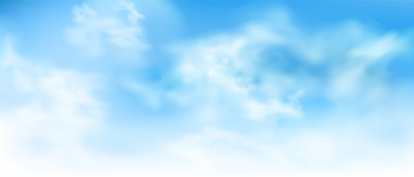 Vector illustration of a beautiful blue sky with realistic clouds. Captivating panoramic view with soft and natural cloud formations, perfect for backgrounds, web, and design projects.