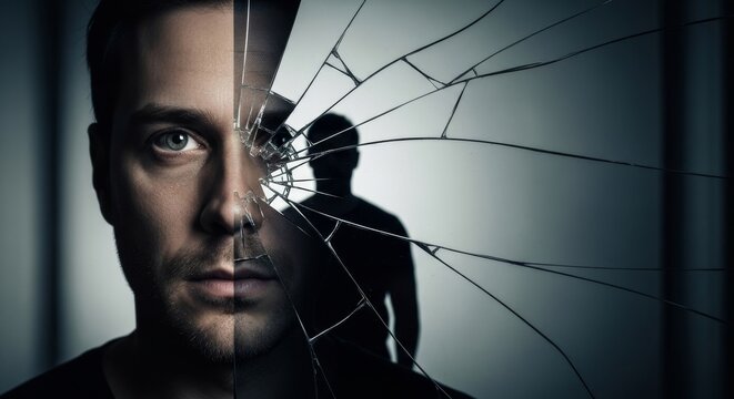 Dramatic portrait of a man looking at his silhouette reflection in a shattered broken mirror, symbolizing hidden identity and crisis.