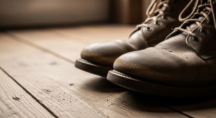 Dusty leather work boots resting on a rustic wooden floor, illuminated by soft natural light.