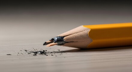 close-up of a broken pencil tip with graphite shards scattered nearby