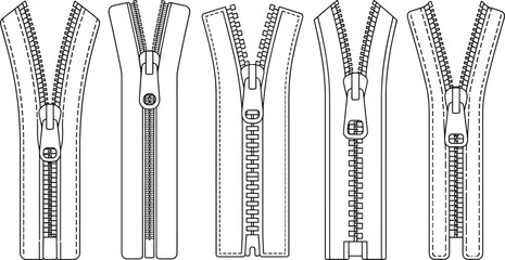 A complete technical flat fashion outline set of various zippers including open, closed, metal, and plastic teeth styles, ideal for apparel design and vector templates.