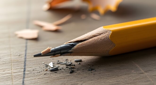 close-up of a broken pencil tip with graphite shards scattered nearby