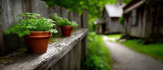 Charming wooden fence with clay pots and a rustic house surrounded by lush greenery creates a peaceful forest pathway