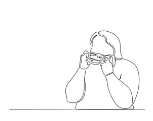 Overweight girl eating junk food, obesity concept.  outline illustration. Continuous line drawing of obese woman eating burger.