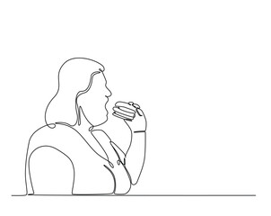 Overweight girl eating junk food, obesity concept.  outline illustration. Continuous line drawing of obese woman eating burger.