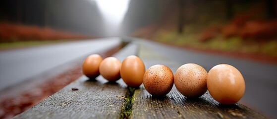 Close-up of rustic wooden fence with egg-shaped orbs in front of house, surrounded by forest path on a misty day