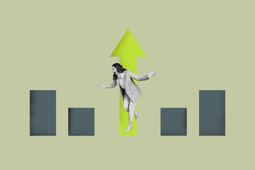 Image pop 3d zine full collage of happy businessman businesswoman stand arrow development career chance promotion employee