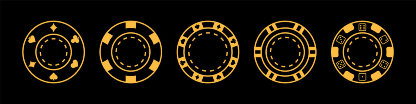 Vector illustration of a poker chip set with different designs and denominations. Flat style, golden chips on black background, perfect for casino, poker, and gambling projects.