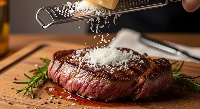 grating cheese on top of meat