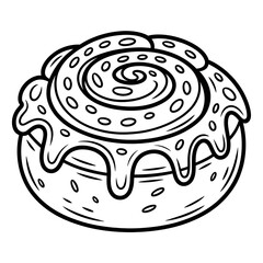 Cinnamon roll sketch with spiral pattern, glazed icing and round shape outline doodle style drawing