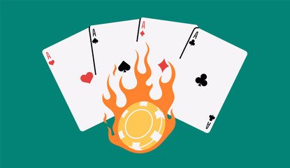 Vector illustration of a poker chip on fire and four Ace playing cards. Dynamic and fiery design, perfect for casino, poker, and gambling projects.