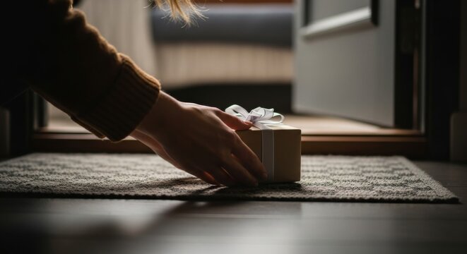 Female hand placing a small wrapped gift box tied with a white ribbon onto a textured doormat in a dimly lit home entryway.